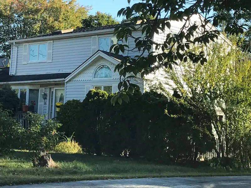 Two-story house with a bay window behind tall shrubs, Patchogue, NY